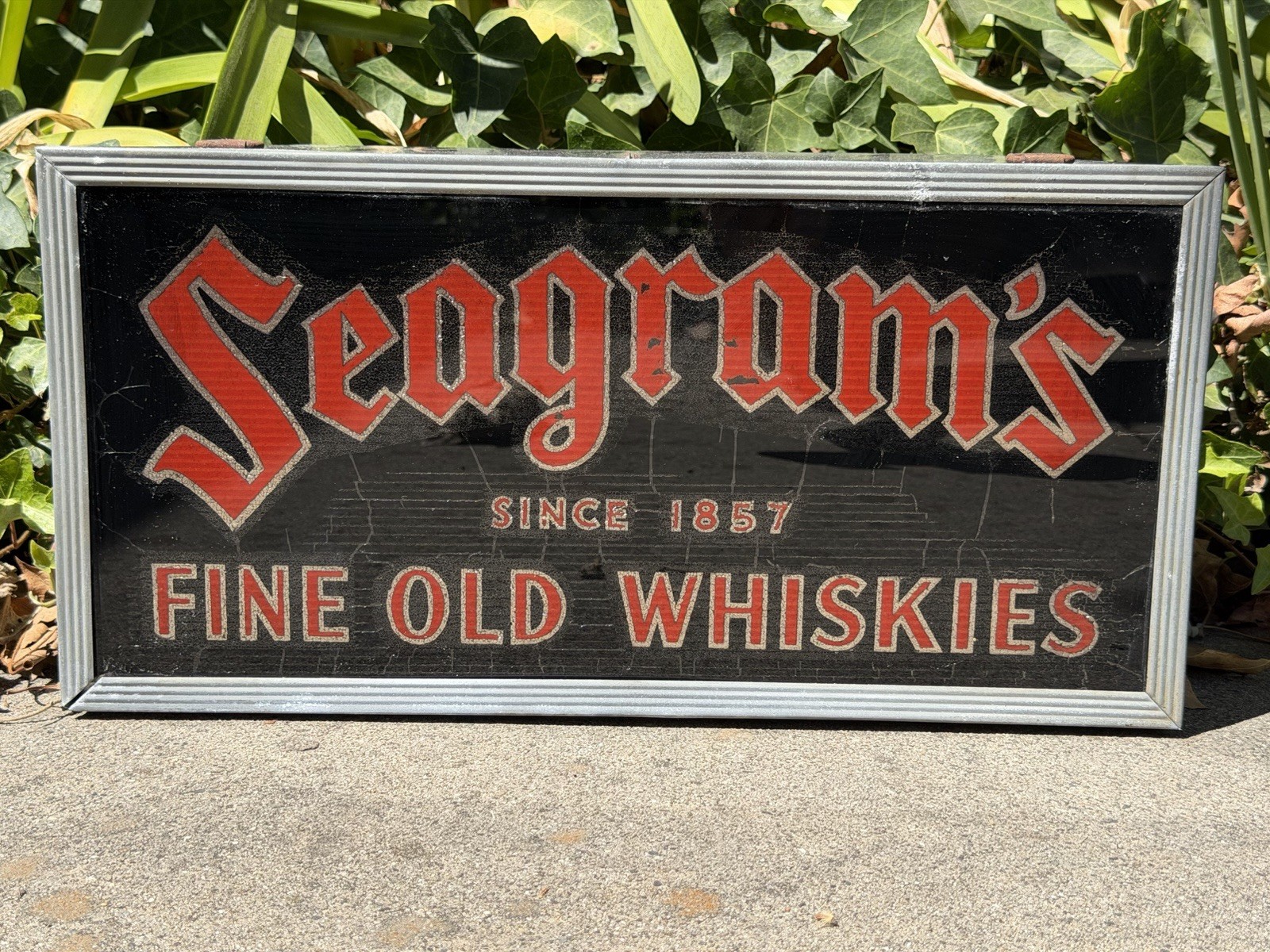 Vintage 30s Seagram’s Whiskies Sign Light Reverse Painted Crinkle Glass Works