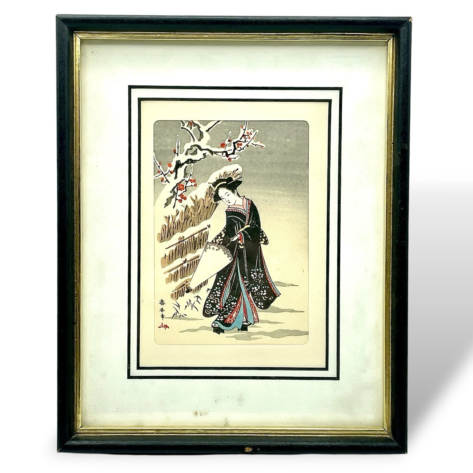 Vtg Japanese WOODBLOCK Print Uchida Art Company Kyoto Geisha In Snow Framed READ