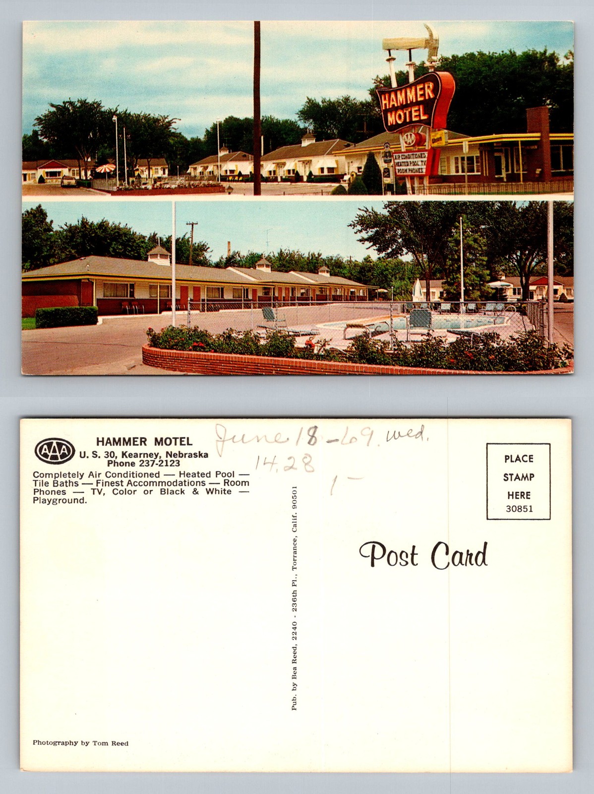 Kearney, NE-Nebraska, Hammer Motel U.S. Rt. 30 Heated Pool Vintage Postcard