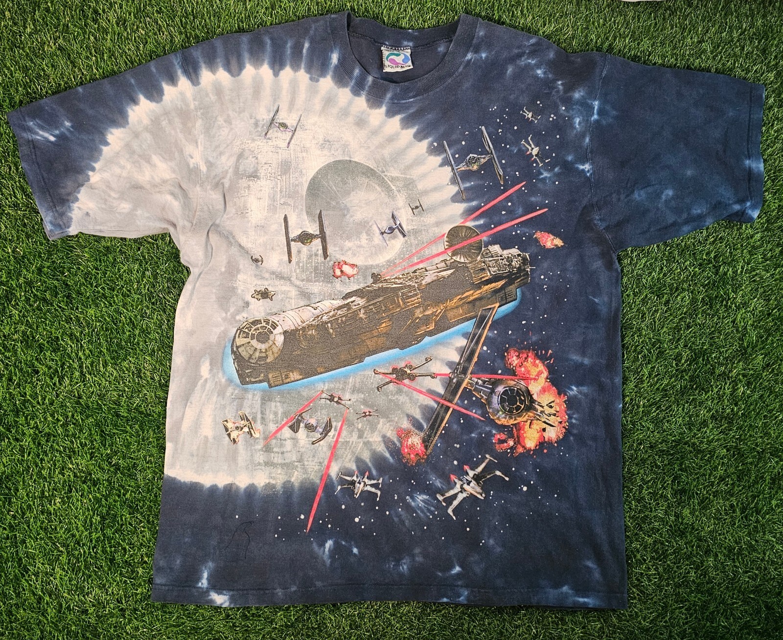 VTG Rare 1997 Star Wars Liquid Blue Tee Mens XL AOP Millennium Falcon Death Star