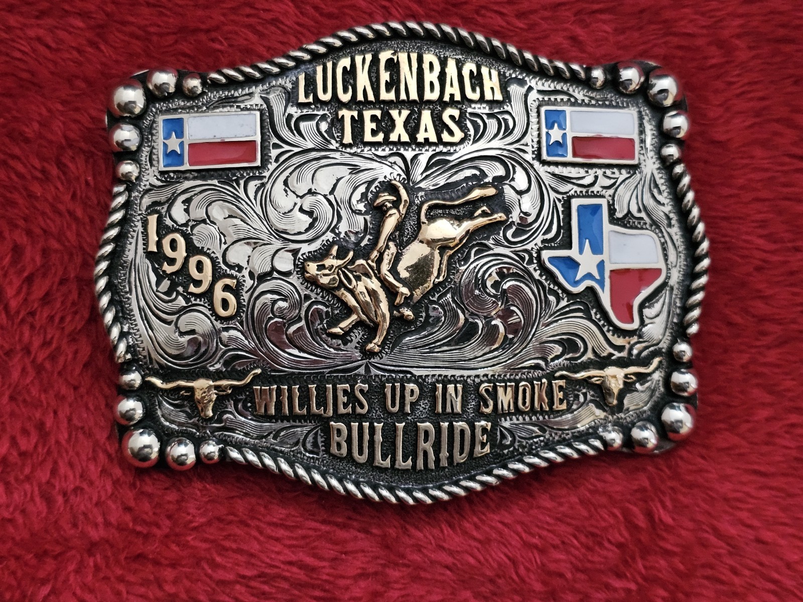X~Treme Rodeo Champion☆Bull Riding☆1996☆ TROPHY BUCKLE☆Luckenbach Texas☆RARE☆571