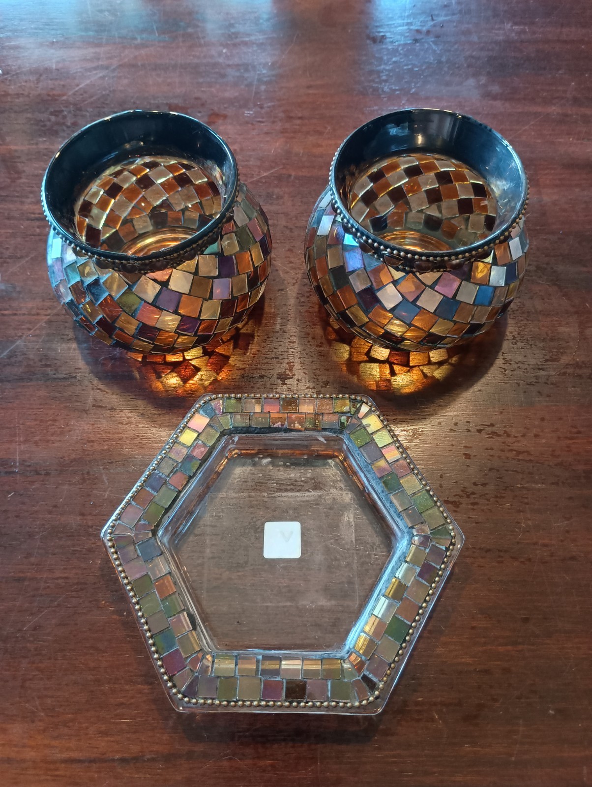 2 PartyLite Global Fusion Votive Holders + 1 Tea Light Tray - Mosaic Tile Glass 2 PartyLite Global Fusion Votive Holders + 1 Tea Light Tray - Mosaic Tile Glass