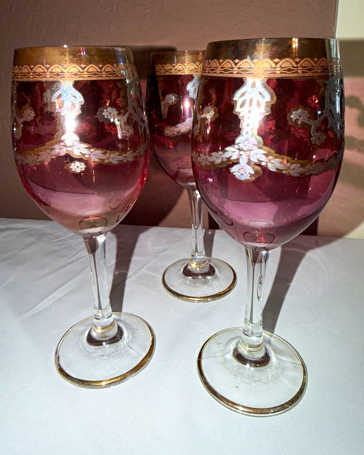Set of 3 Pink & Gold Floral Etched Stemmed Wine Glasses Decorated RARE