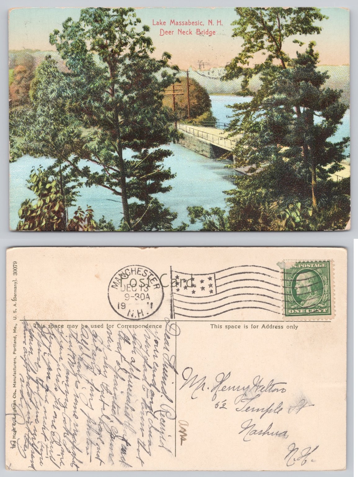 Lake Massabesic, NH Deer Neck Bridge Vintage Postcard 1911 Manchester Postmark