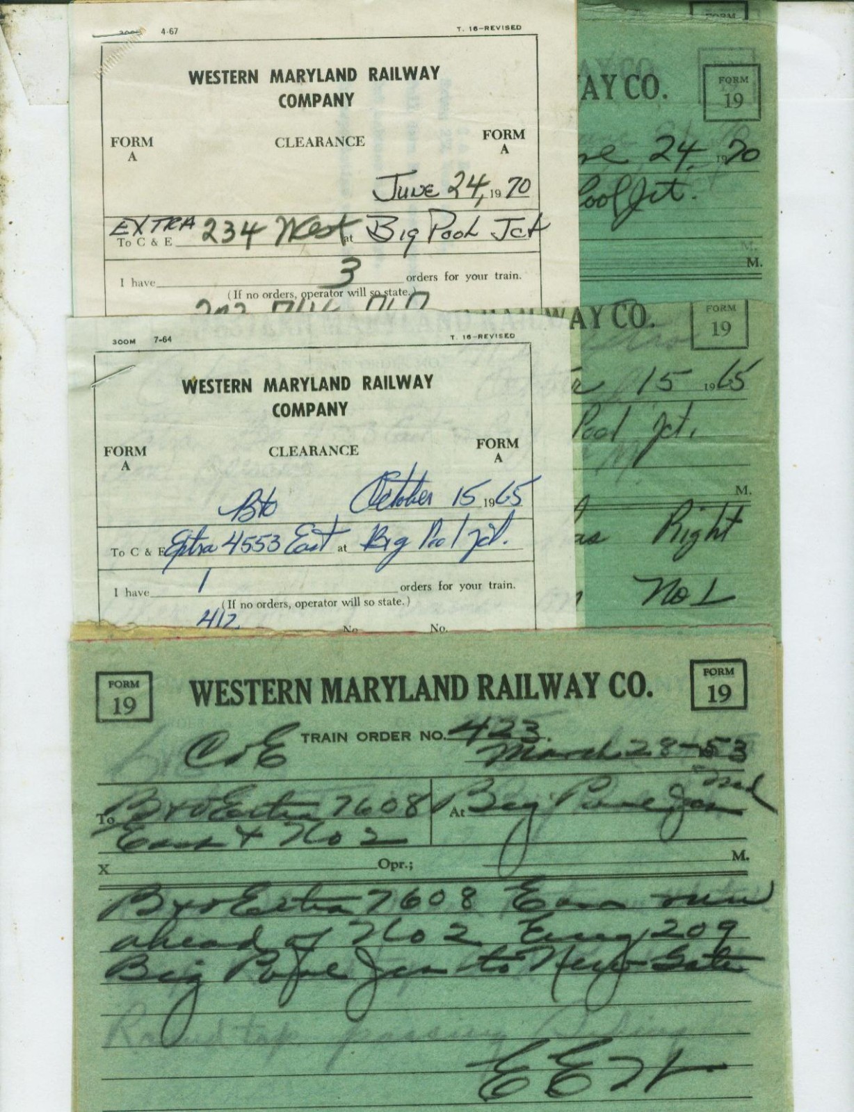 WESTERN MARYLAND RY. TRAIN ORDERS (15) BIG POOL JCT, MARYLAND 1950 - 1974.