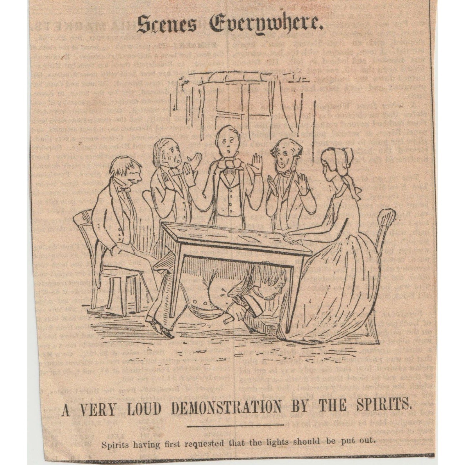 Antique 1850s Saturday Evening Post Clipping Seance Spirit Satire Woodcut Print
