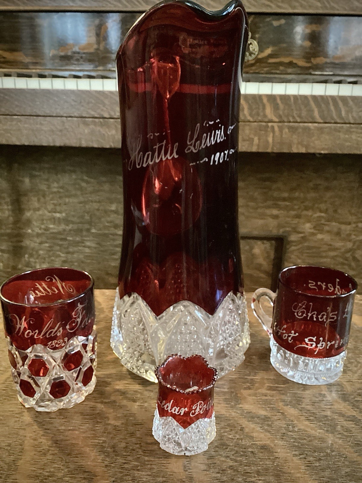 Antique Early American Pattern Glass Ruby Stained Souvenir Pitcher Tumbler Mug