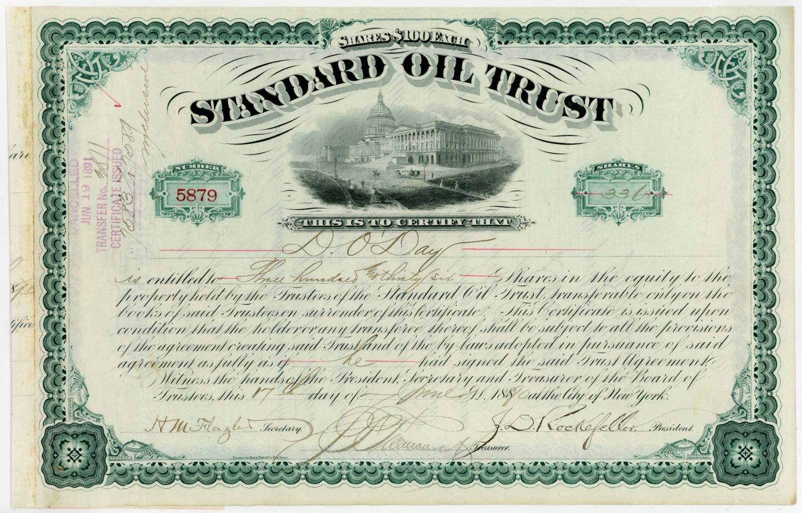 John D. Rockefeller & Henry Flagler ~ Signed Standard Oil Certificate ~ PSA DNA