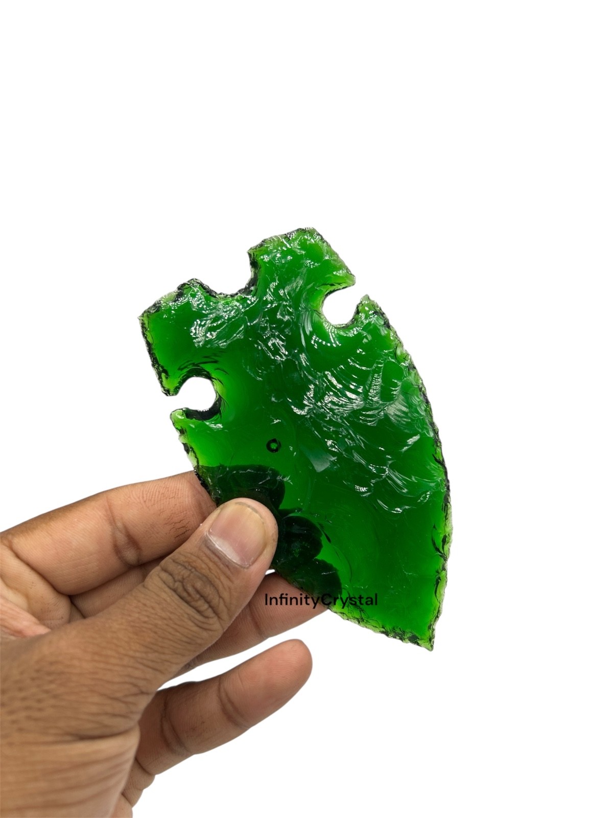 4” Green Obsidian Arrowhead, Handcrafted Flint Knapped Stone Replica Collectible