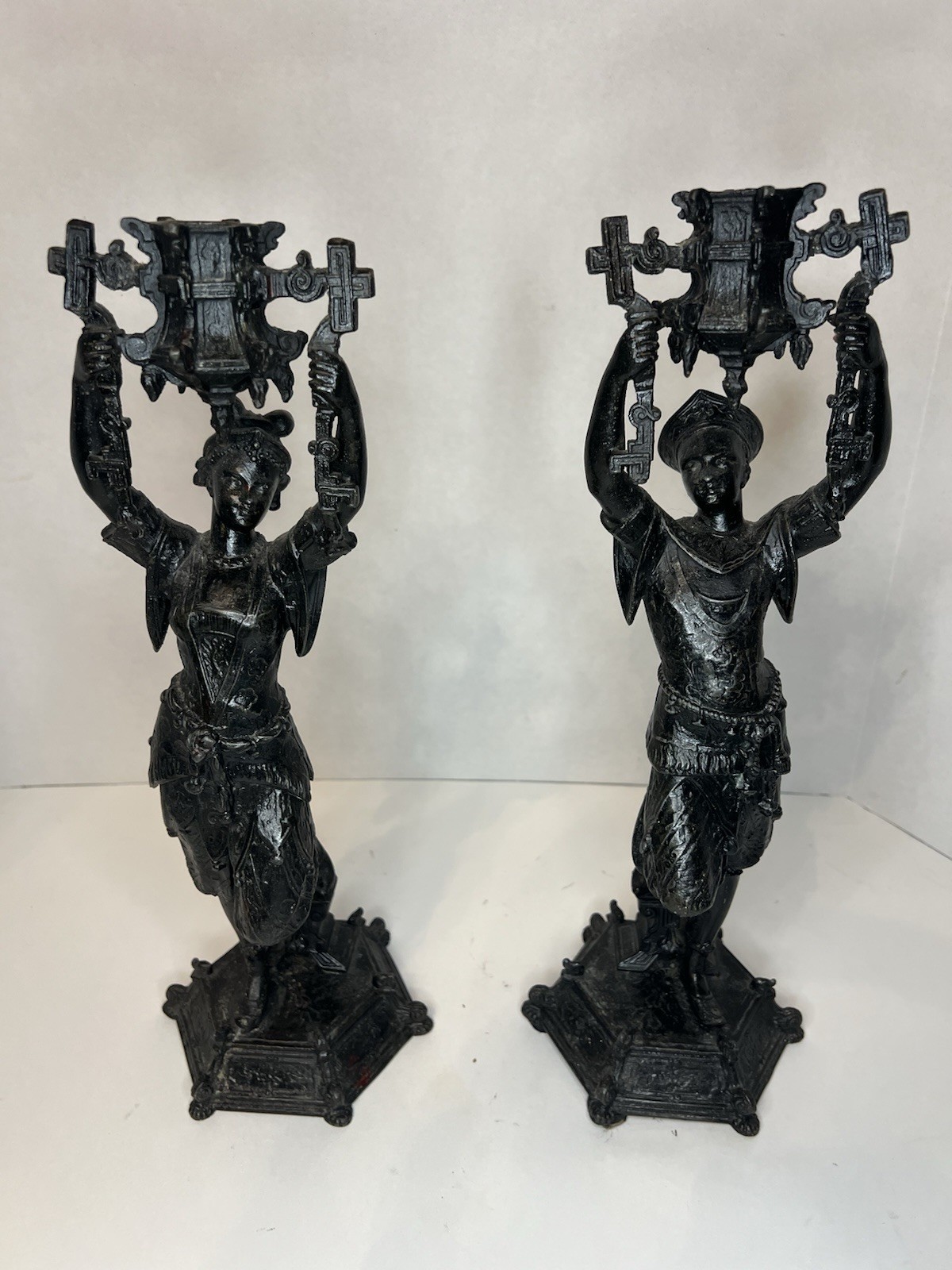 Rare Antique Pair Of Spelter? Metal Blackamoor Candlesticks Orientalist