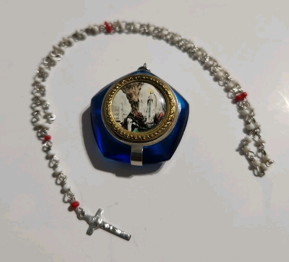 Vintage Pocket Rosary Case Blue Lucite Plastic Miniature Shrine Our Lady Lourdes