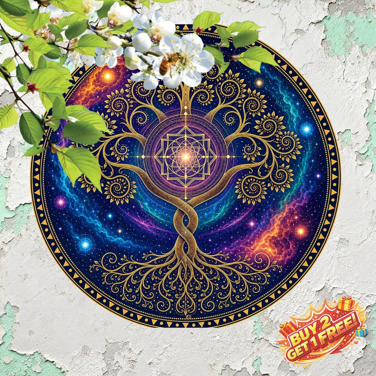 Tree of Life Mandala Metal Plaque Vibrant Sacred Geometry Wall Decor 8x8