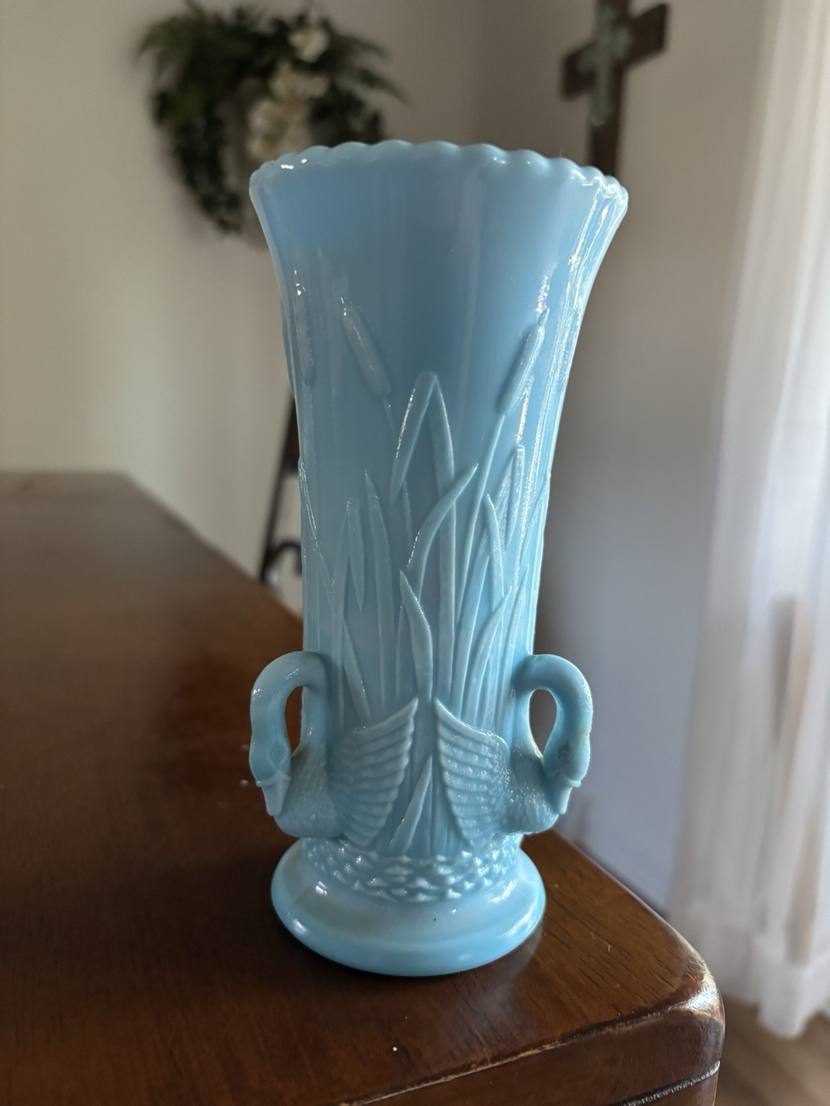 Vintage Westmoreland Swan Vase Blue Milk Glass 3 Handles, Grannycore Spring 6.5”