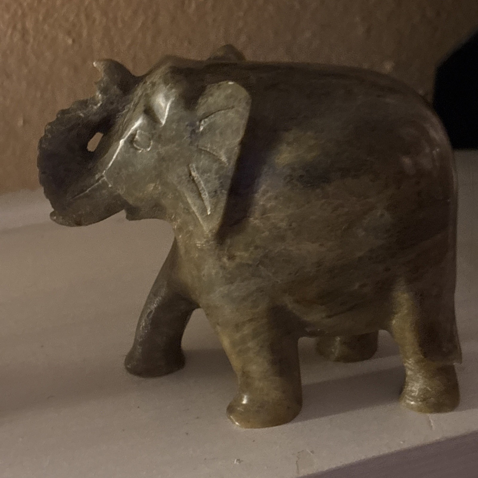 VTG Hand Carved Soapstone Elephant Figurine India. Trunk Up Green4 1/2” Tall