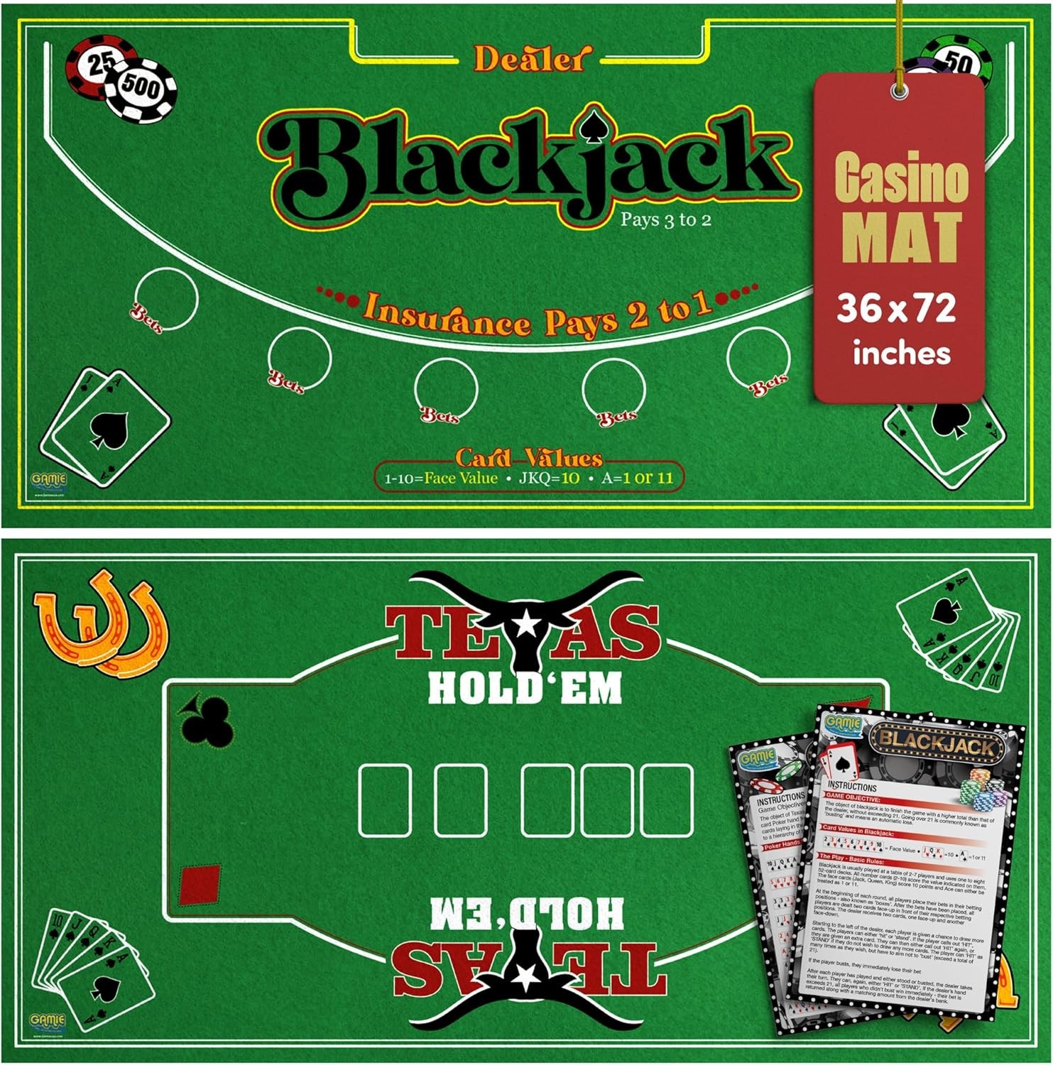 Gamie Double Sided Felt Casino Mat 36x72 Blackjack Texas Hold\'em Poker