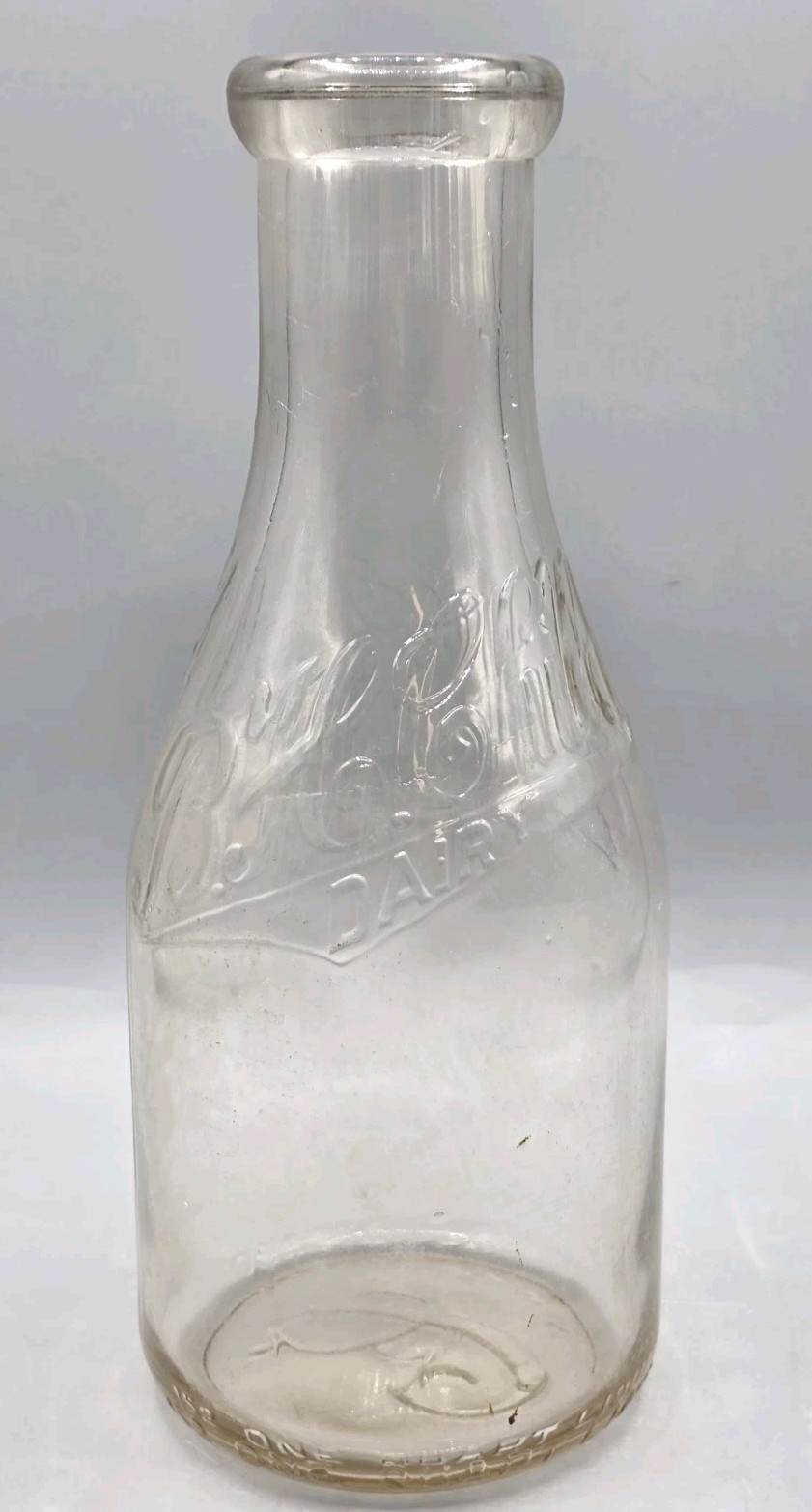 VINTAGE B. H. Dairy One Quart Milk Bottle - Embossed Clear Glass Round 1930s-40s