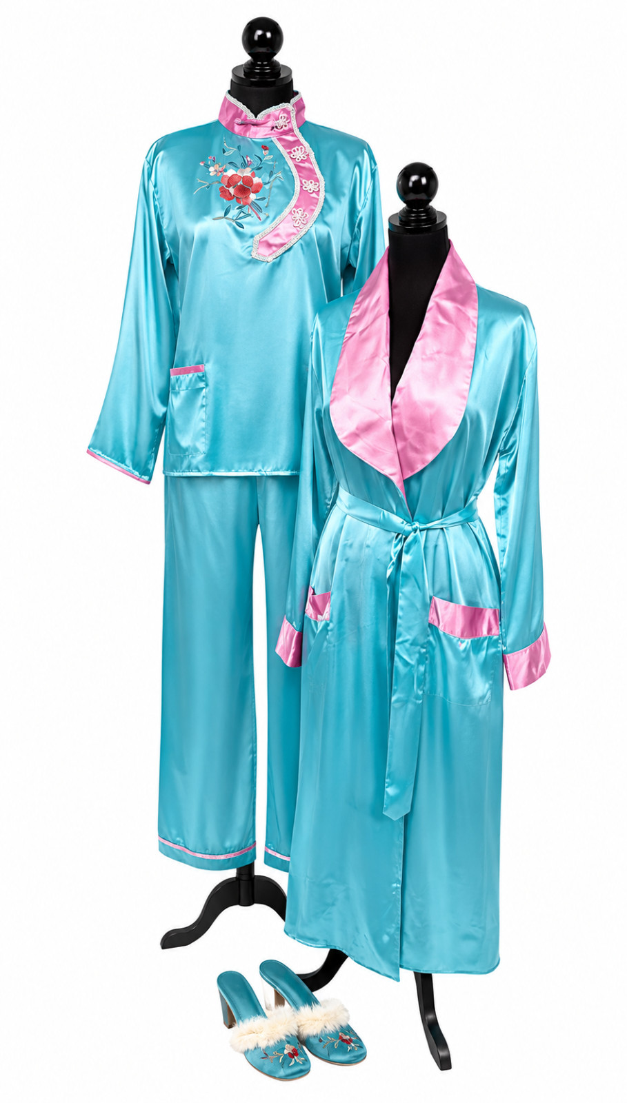 Antique Womens Oriental Kimono Pajama Slipper Set Size S/M Blue Floral Satin