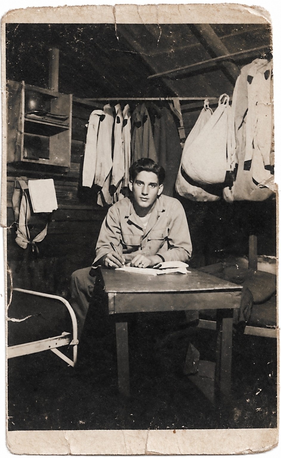 Vintage 1940s WWII Old Photo HANDSOME SOLDIER in Barracks Writing Letter Home🔥