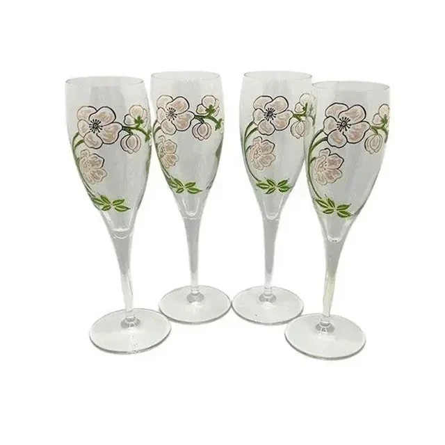 4 Vintage Pierre-Jouet Belle Epoch Hand Painted Pink Floral Champagne Glasses