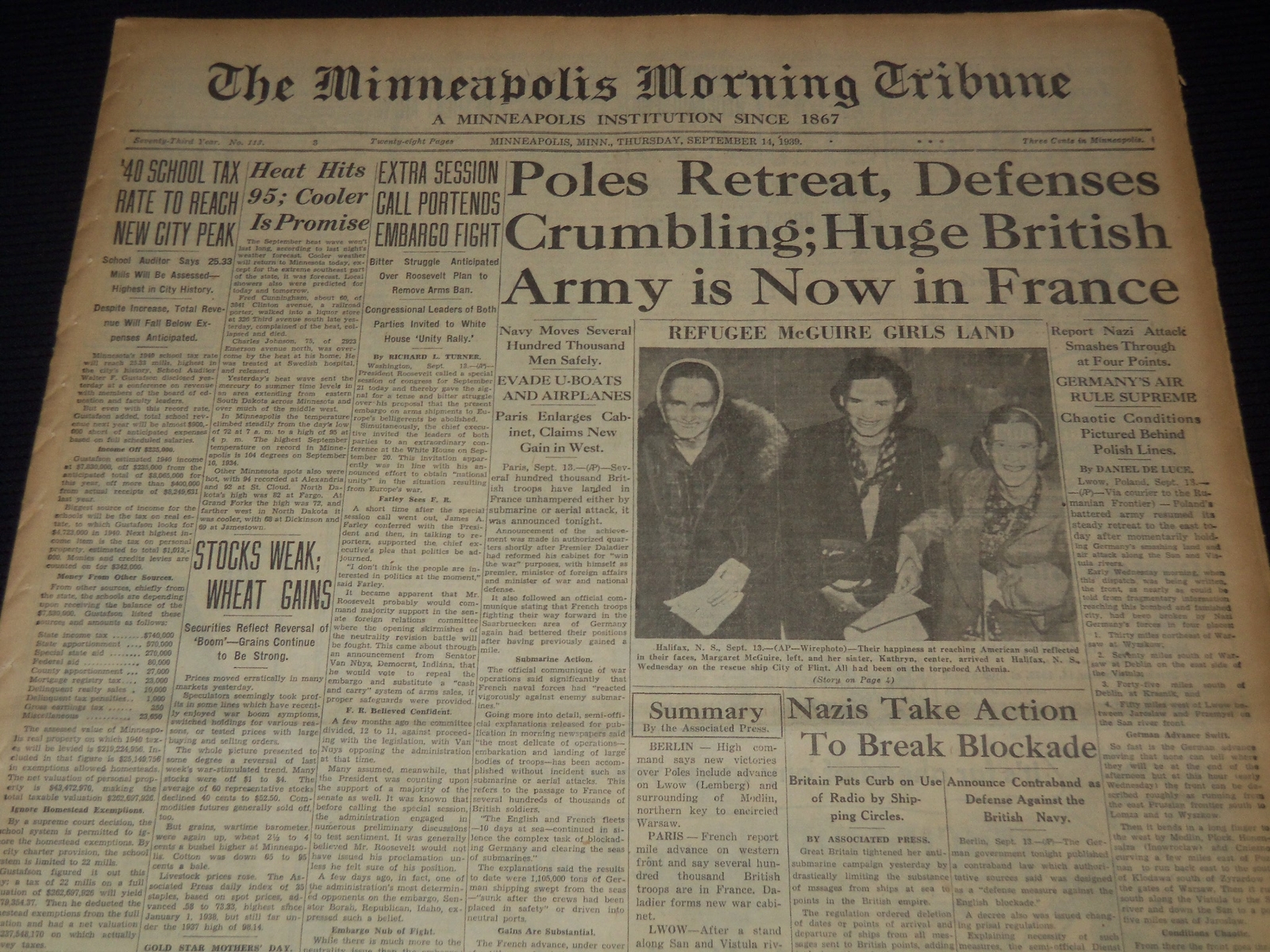 1939 SEPTEMBER 14 MINNEAPOLIS MORNING TRIBUNE - BRITISH ARMY IN FRANCE - NT 9530