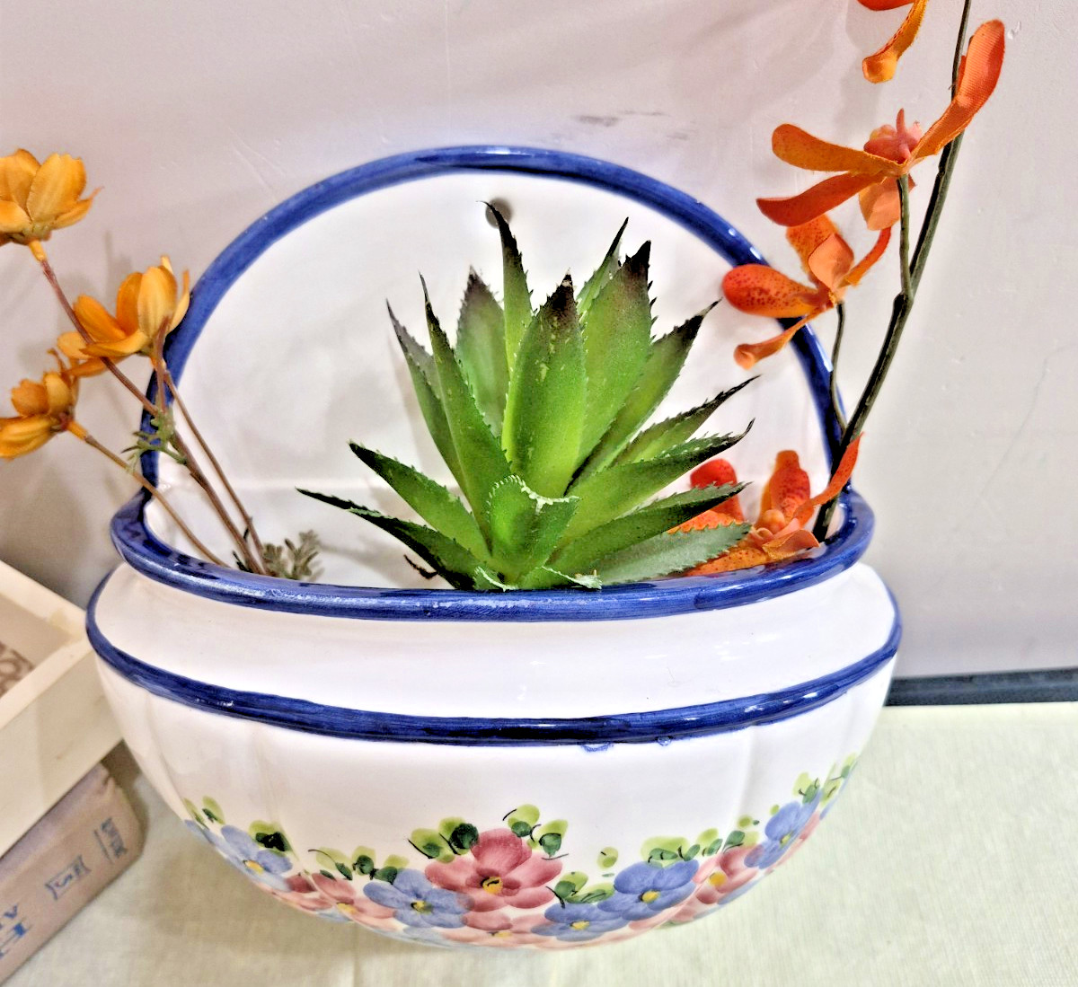 Vintage Zanolli Floral Wall Pocket Planter/Vase Handpainted Italy Blue White