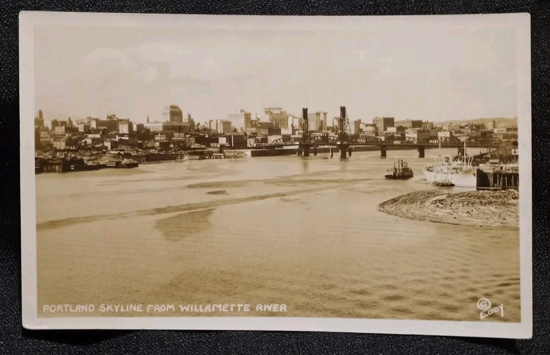 Vintage RPPC 1920s Portland Skyline From Willamette River Postcard Waterfront Vintage RPPC 1920s Portland Skyline From Willamette River Postcard Waterfront