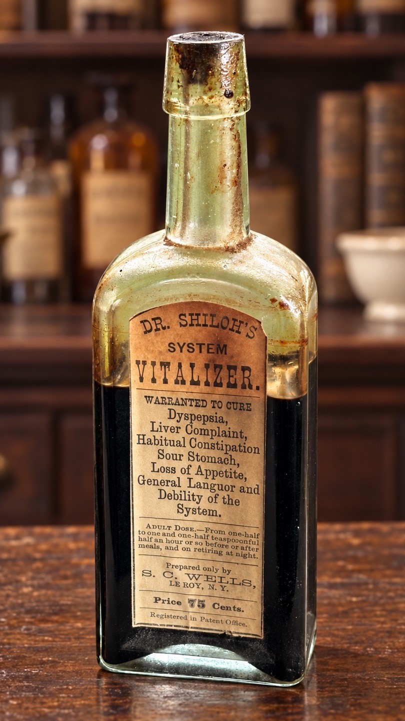 DR SHILOH’S SYSTEM VITALIZER PAPER LABEL MEDICINE BOTTLE CONTENTS NOS 1880S CURE