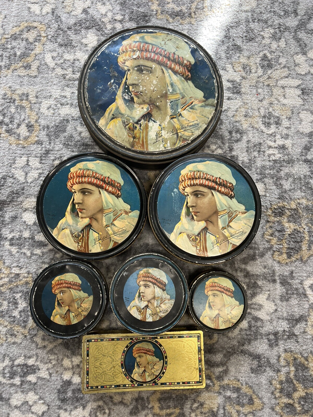 Lot of 7 Vintage 1920s Rudolph Valentino Beatebox Canco Candy Biscuit Tins Lot of 7 Vintage 1920s Rudolph Valentino Beatebox Canco Candy Biscuit Tins