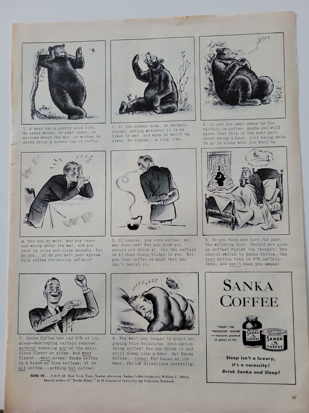 1942  Sanka  coffee  Bear has a pretty nice life vintage cartoon style ad 