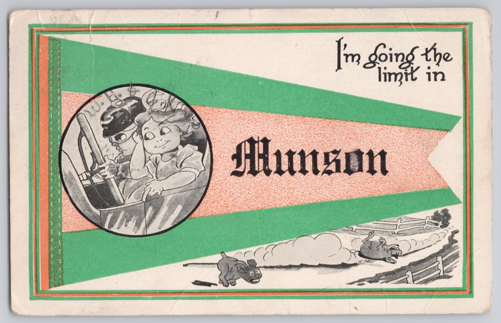 Hudson automobile, driving scene \'I\'m going the limit\' Divided Back, 1907