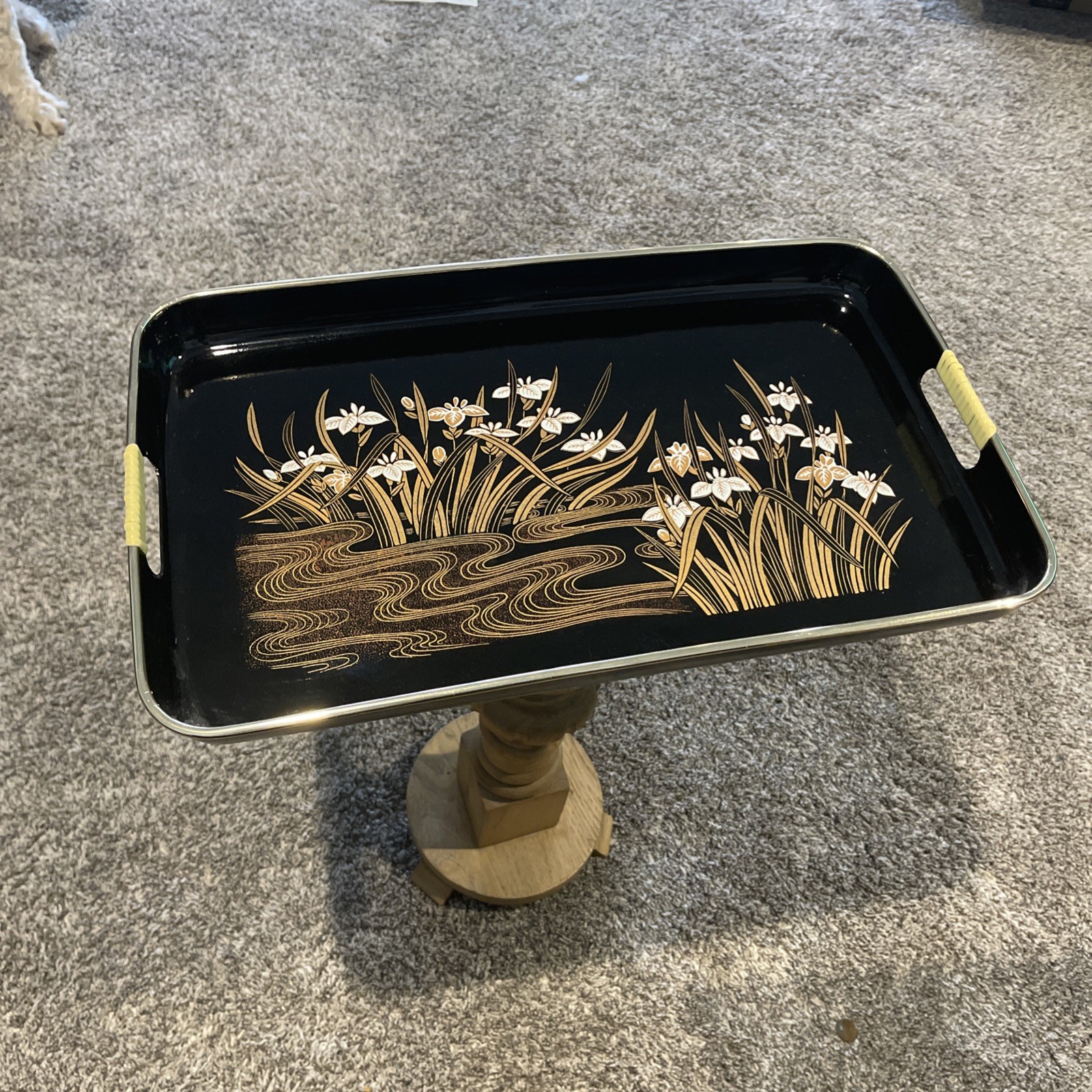 Vtg Floral Japan Japanese Black Lacquer Ware Tray Gold Trim MCM Look 19x11 Vtg Floral Japan Japanese Black Lacquer Ware Tray Gold Trim MCM Look 19x11