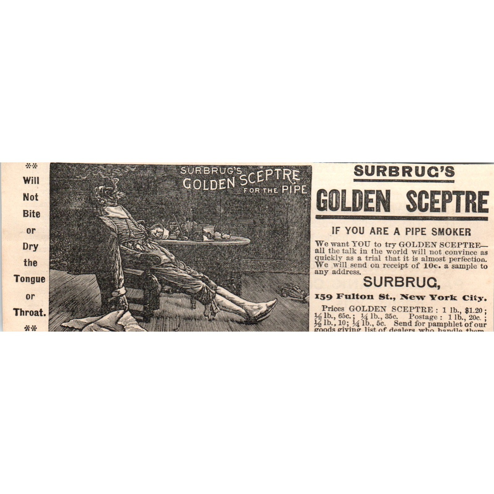 Surbrug\'s Golden Sceptre for the Pipe Fulton St. NY 1892 Magazine Ad AK6-H1