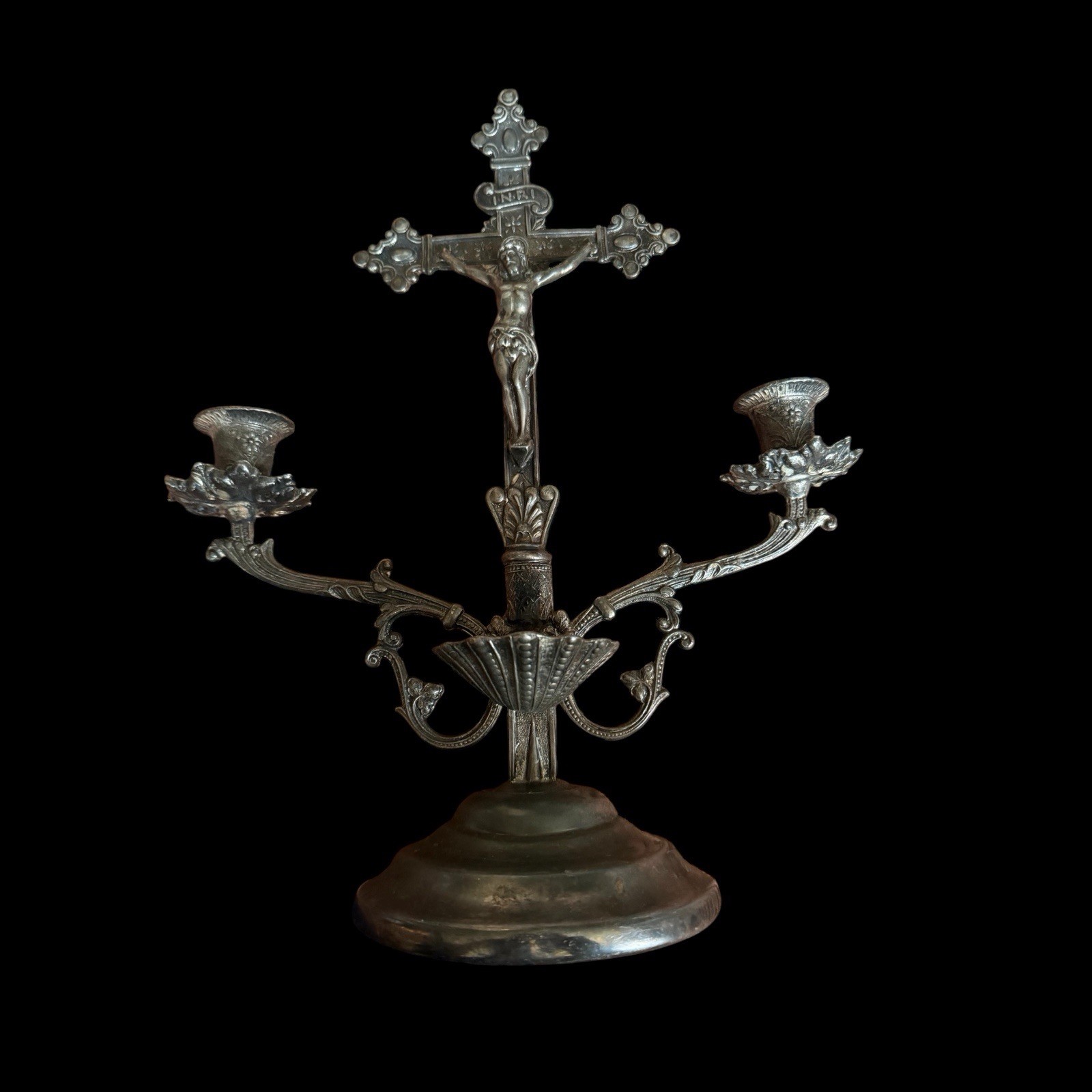 Antique 1896 Homan Silverplate Company sick call crucifix, Holy Water Candelabra Antique 1896 Homan Silverplate Company sick call crucifix, Holy Water Candelabra