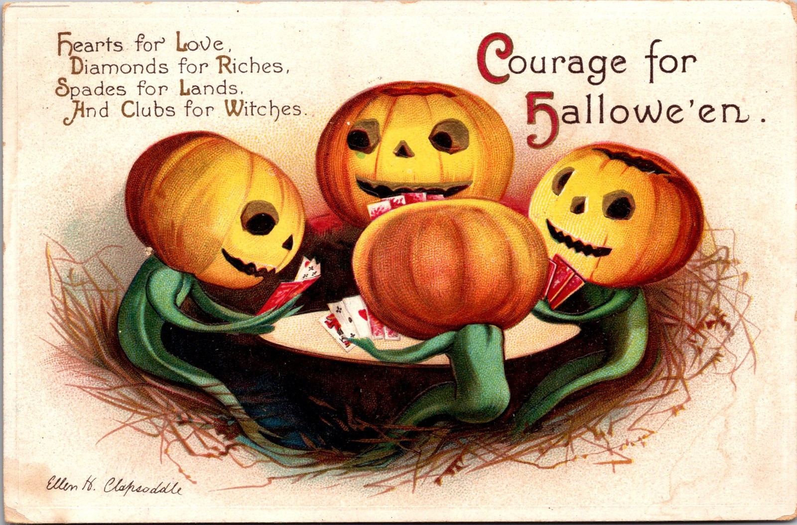 Clapsaddle Halloween Postcard 4 Pumpkin JOL heads Playing Cards KB290