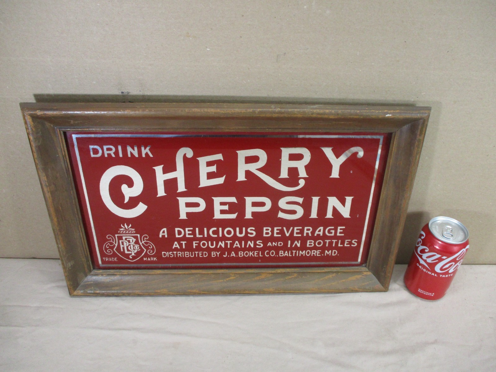 Vintage Rare Drink Cherry Pepsin Tonic Soda Beverage Mirrored Wood Frame Sign