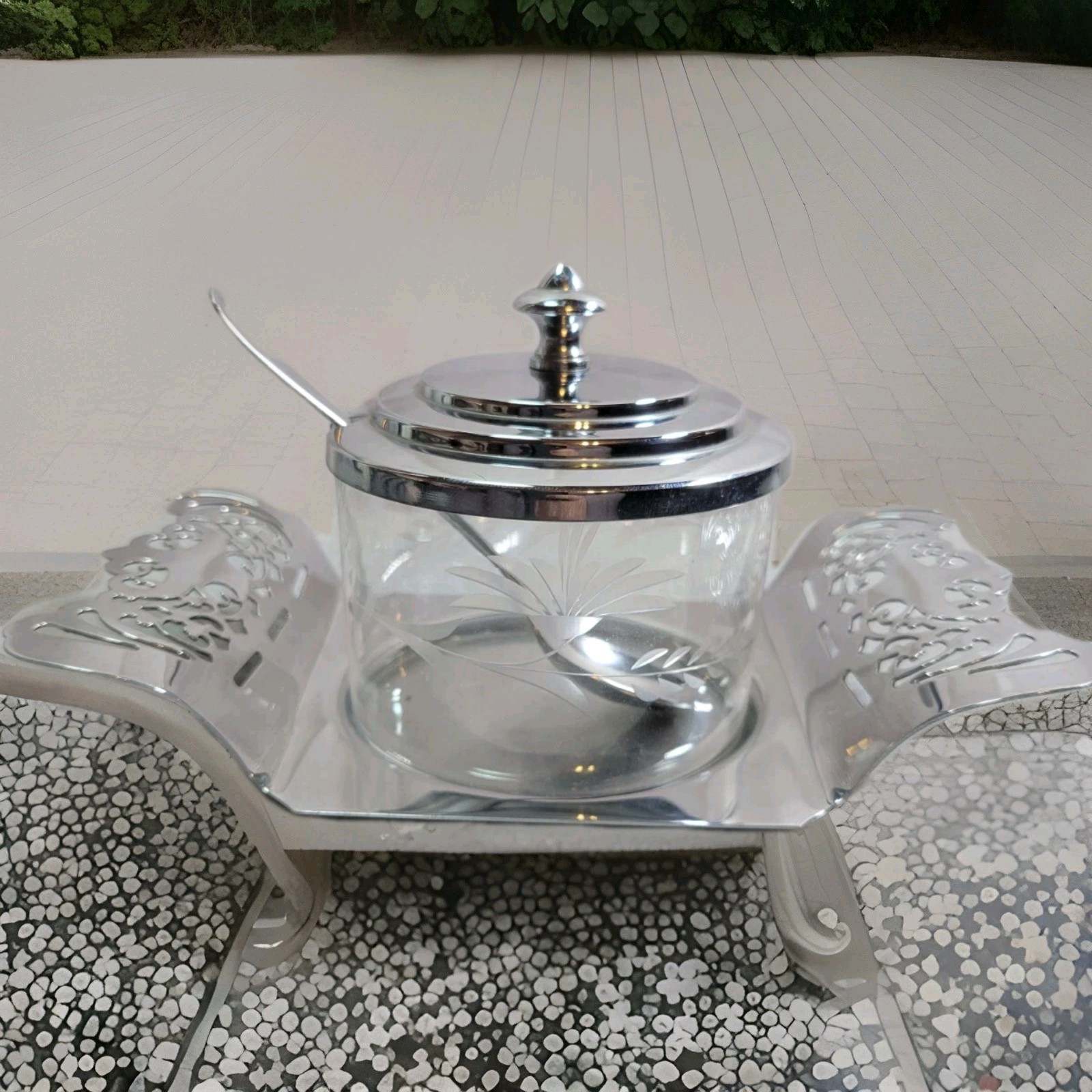 VTG Covered Silver Coated Glass Sugar Dish w/Spoon on Handled Tray, Preowned