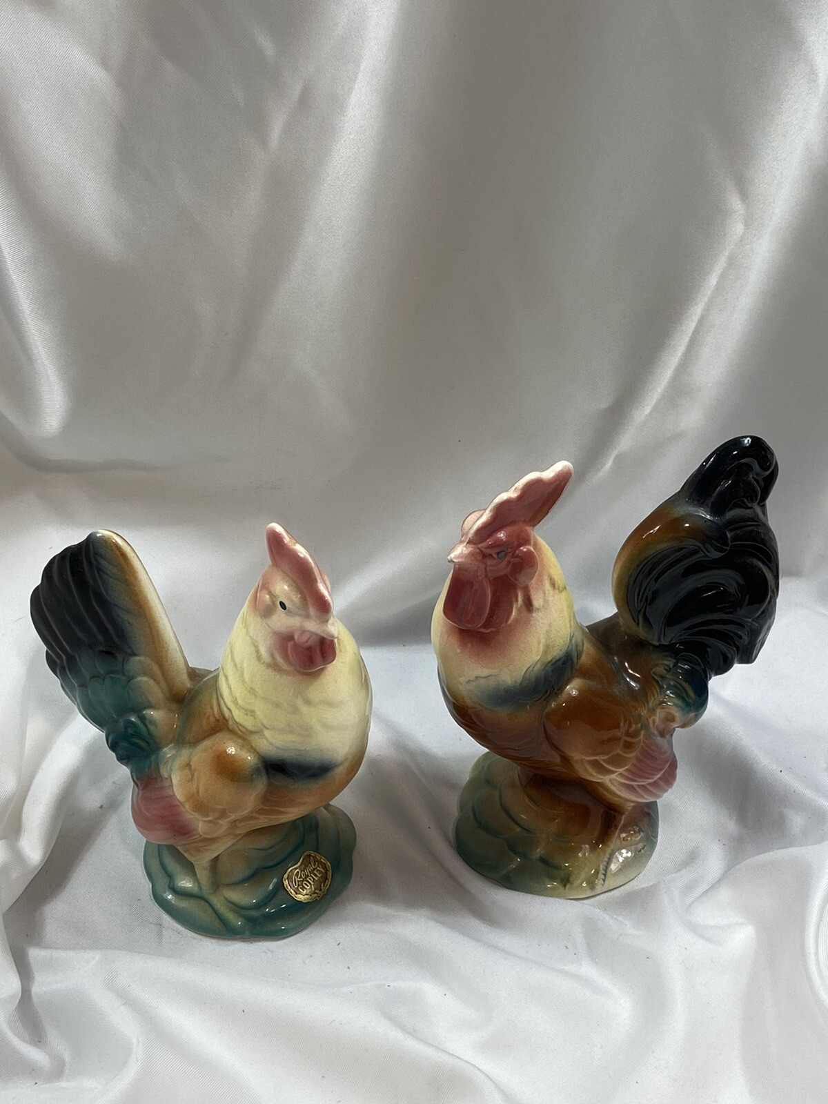 Vintage Royal Copley Rooster and Hen Ceramic Figurine 2 piece Set