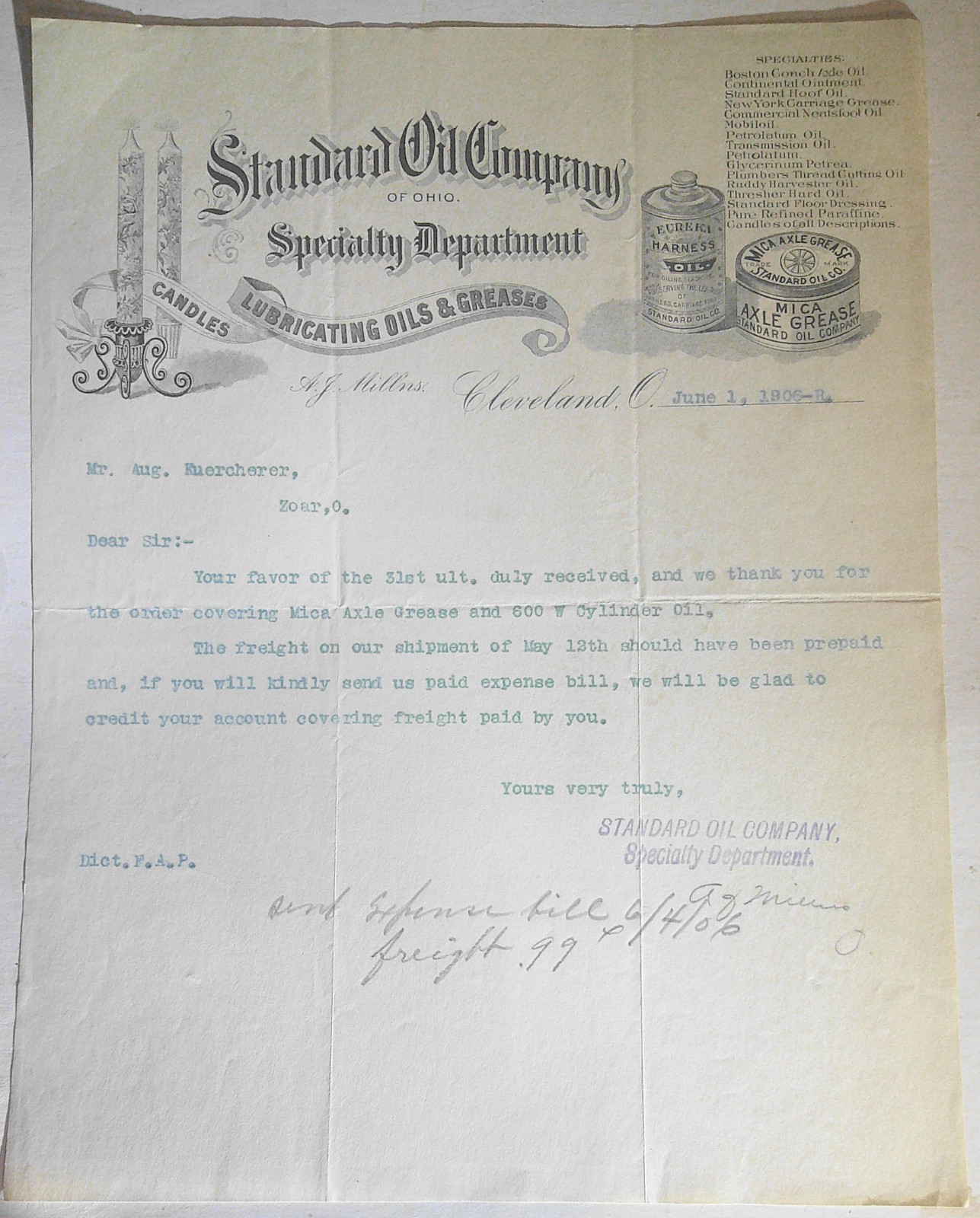 1906 Standard Oil Co Letter to Aug Kuecherer, Zoar OH. Axel grease, cylinder oil