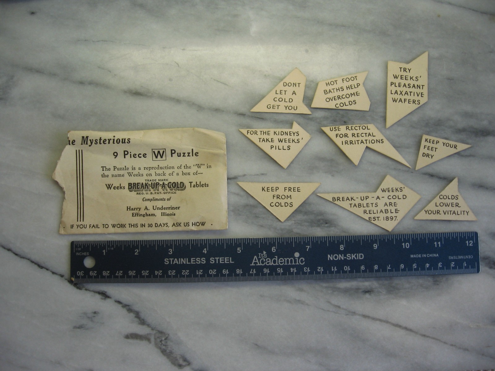 RARE c.1910s Weeks Break-Up-A-Cold 9-Piece W Puzzle Effingham IL H.A.Underriner