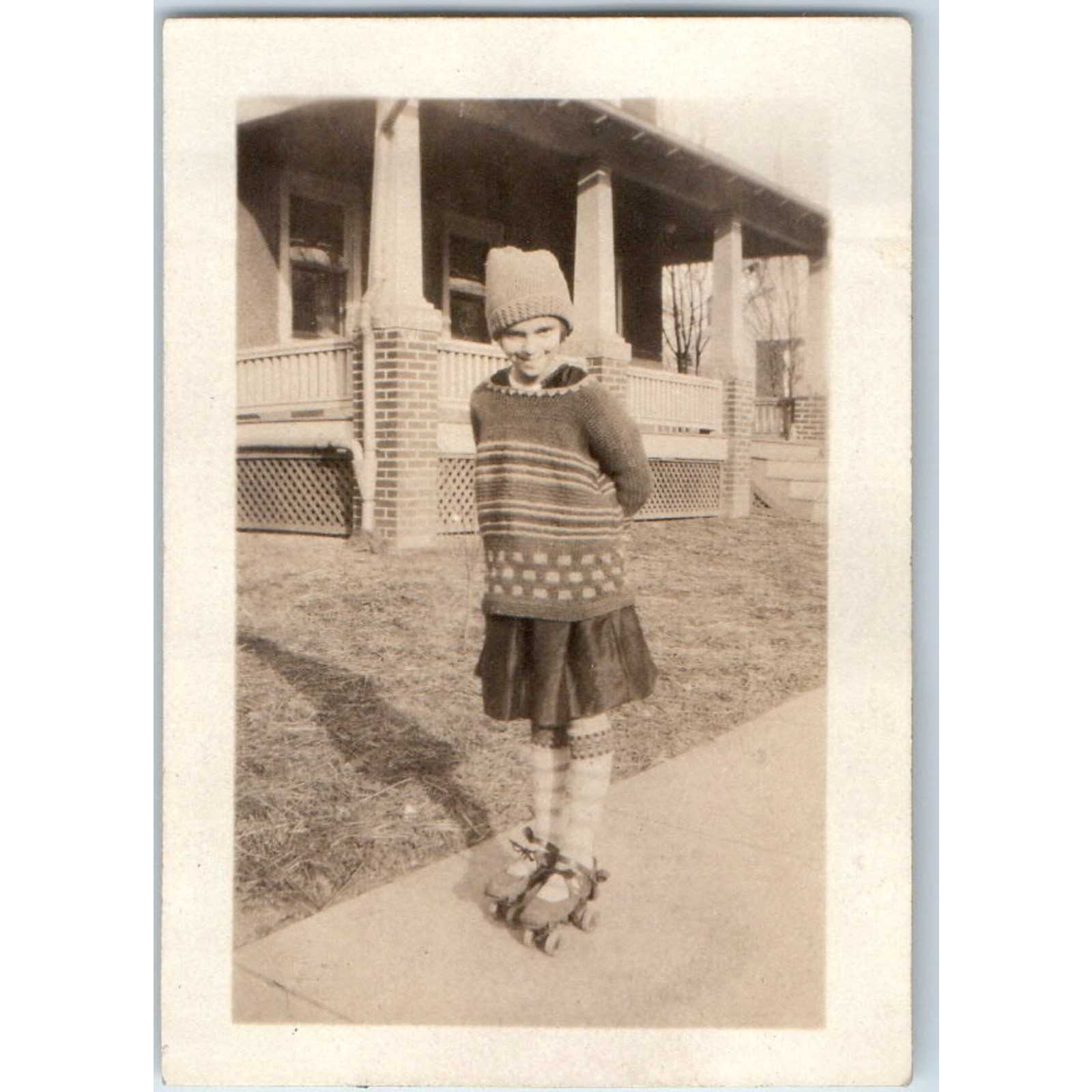 c1930s Cute Girl Roller Skates Mini Snapshot Photo Vintage Knit Sweater Fashion c1930s Cute Girl Roller Skates Mini Snapshot Photo Vintage Knit Sweater Fashion