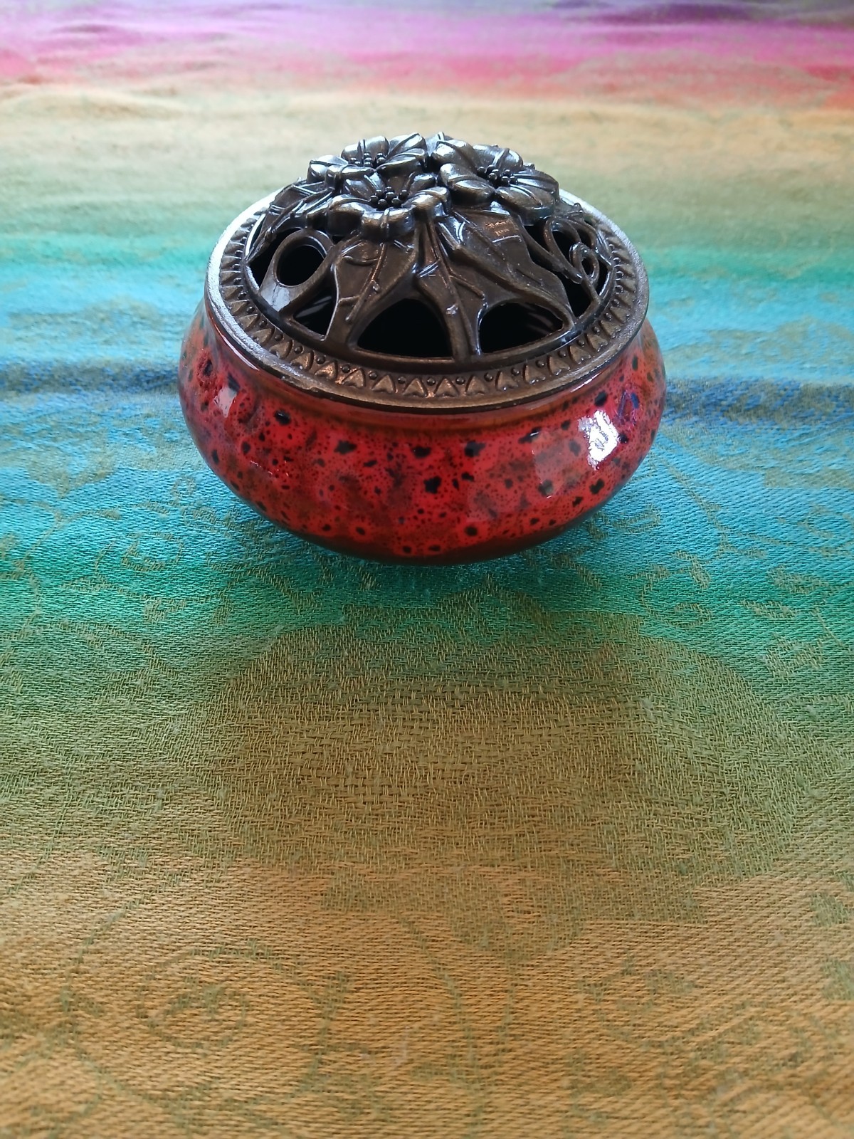 Ornate Asian Inspired Porcelain/Pottery Incense Burner Floral Metal Lid