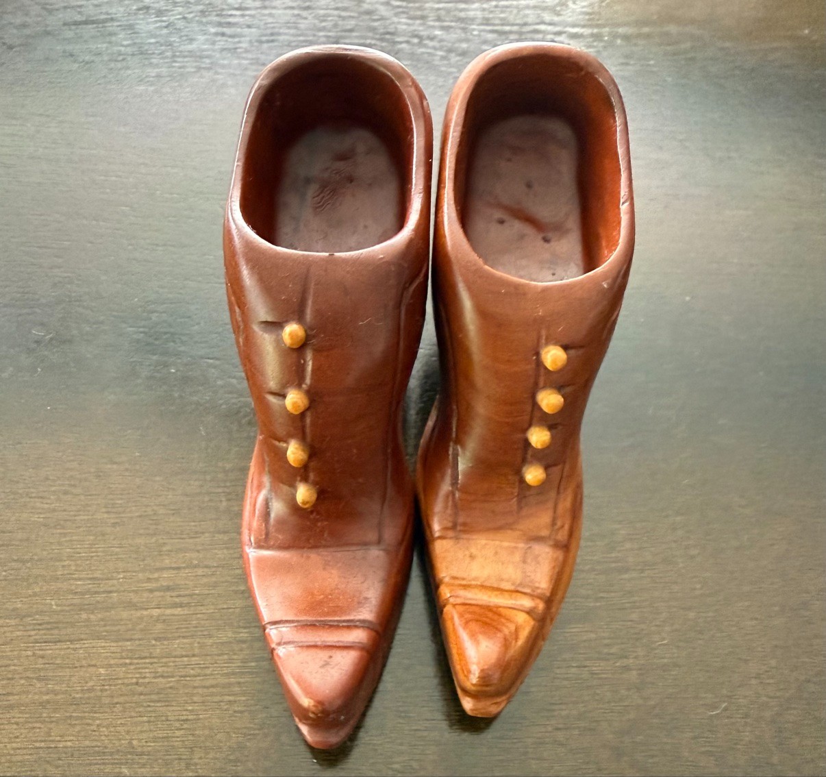 Vintage Hand Carved Wooden Boots Pair Victorian Button Shoes Folk Art 5in