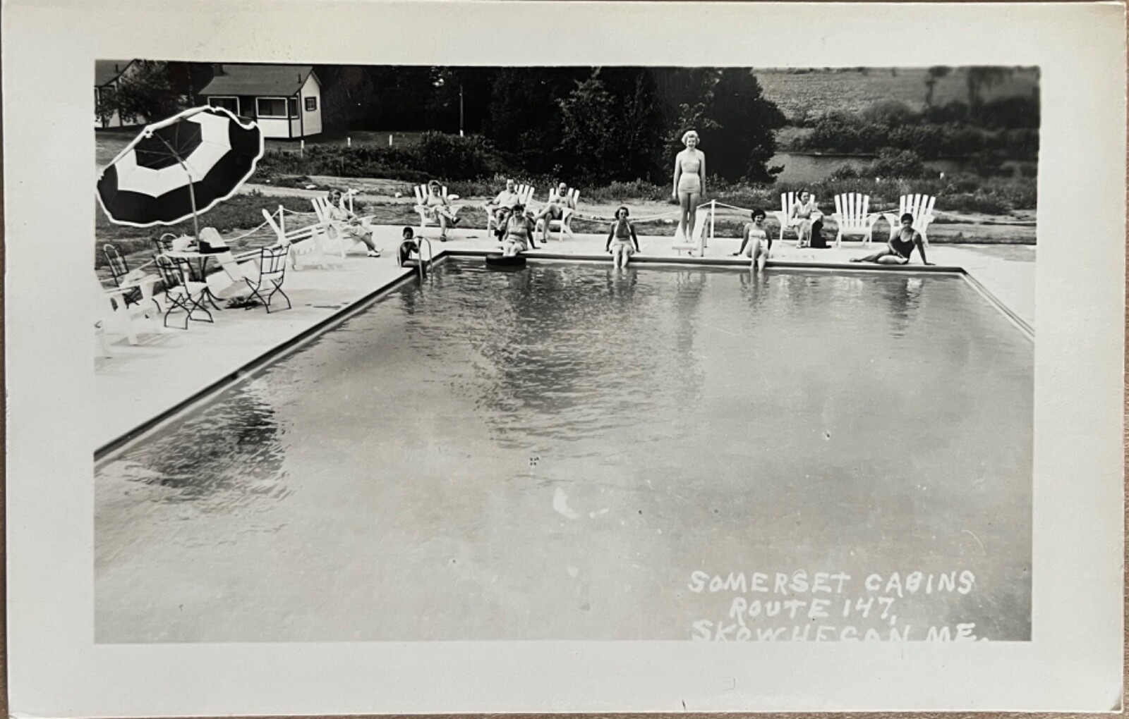 RPPC Skowhegan Maine Somerset Cabins Swimming Pool Real Photo Postcard 1950