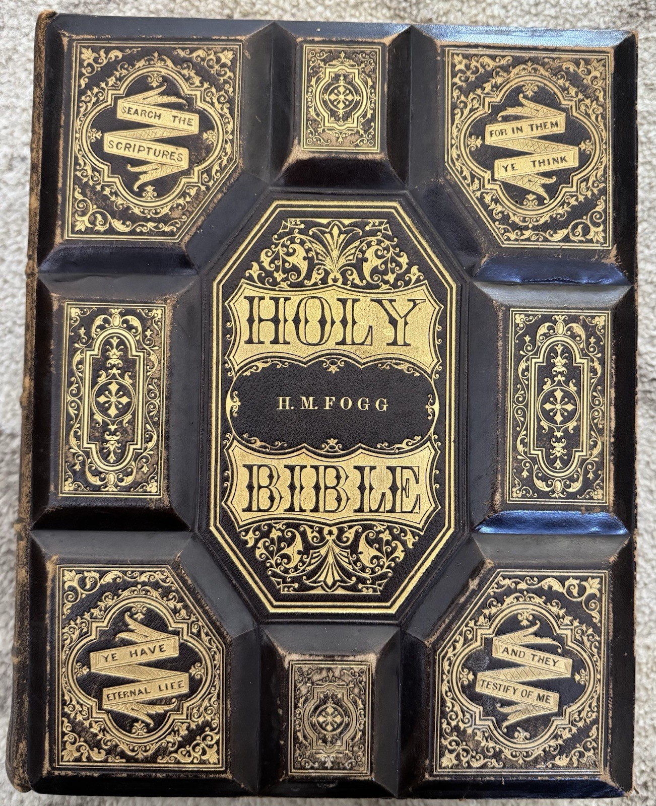 RARE 1870 Antique Family Bible-Ornate Leather, Photo Album & Gold Illustrations