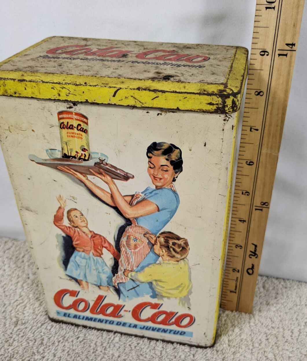 COLA CAO CHOCOLATE Drink Spain ARROZ Vtg LITHOGRAPH ADVERTISING TIN BOX CANISTER
