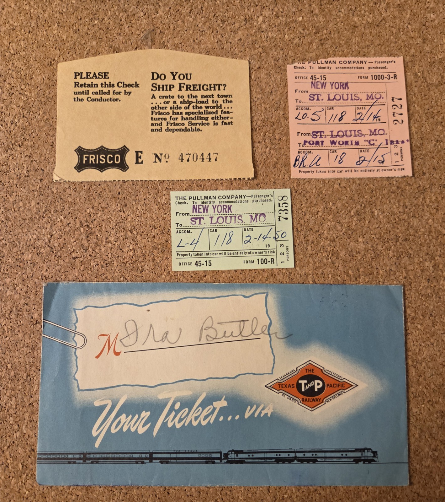 1950 Texas & Pacific Rail Lot Pullman Ticket Cartoon Art Frisco Fort Worth Paper