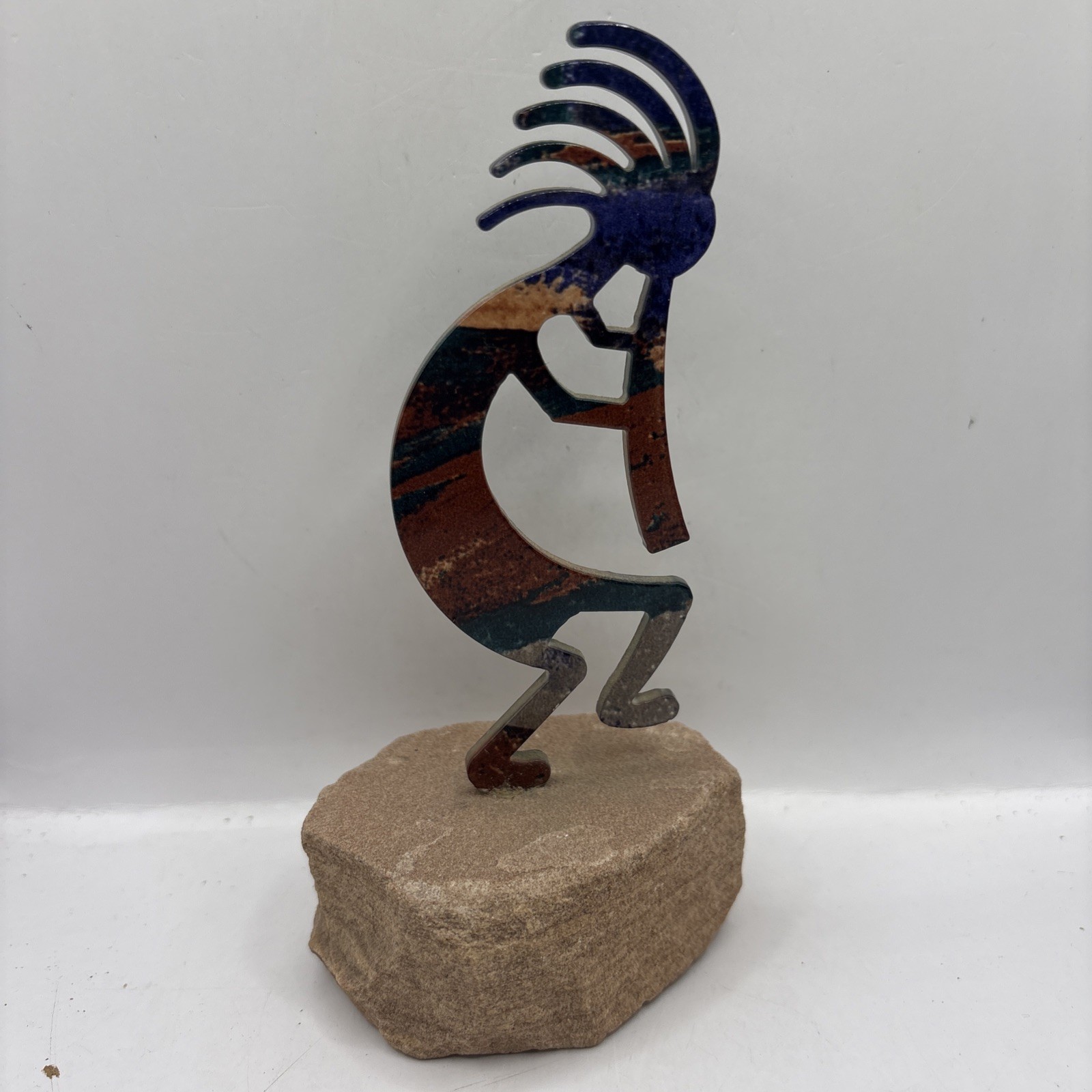 Kokopelli Lazart Enameled Metal Art Figurine On Colorful Sandstone Rock, 6\