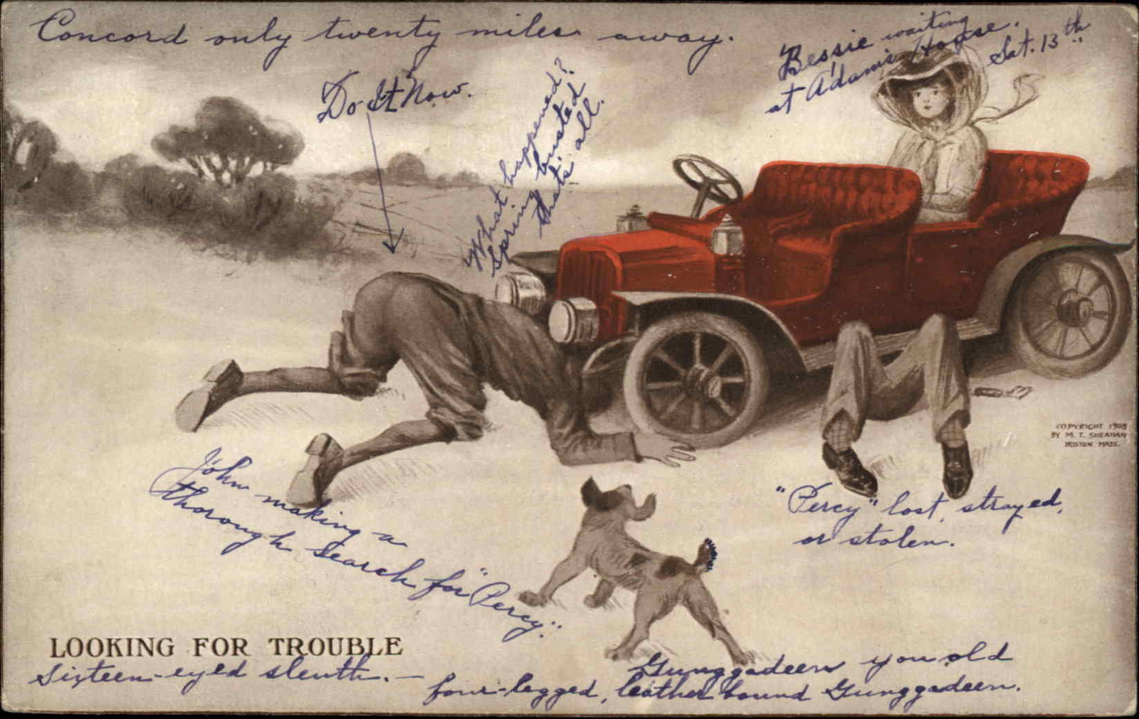 Pretty Woman Comic Men Run Over By Car Gilt Edge c1910s Postcard Pretty Woman Comic Men Run Over By Car Gilt Edge c1910s Postcard
