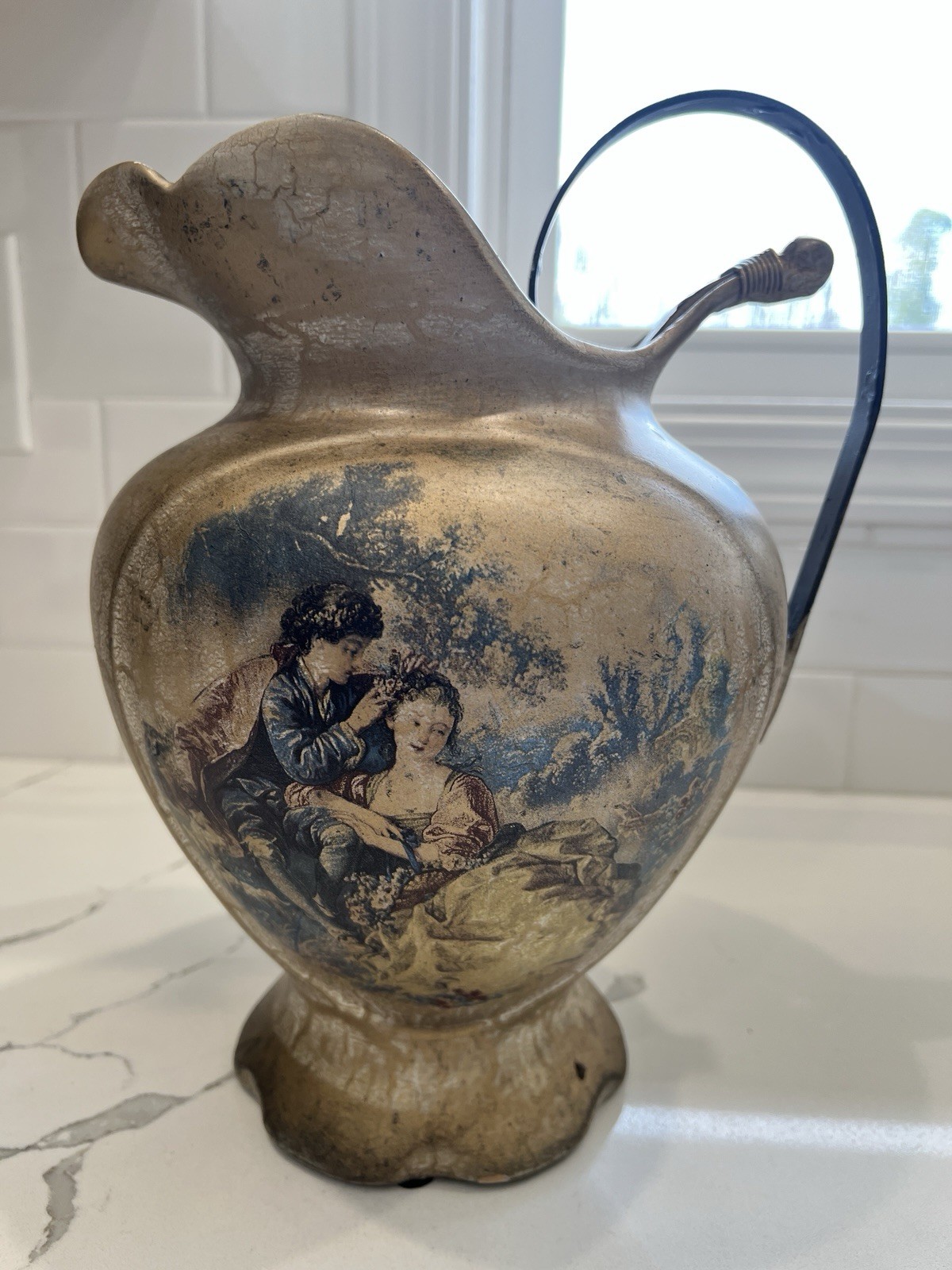 Antique Wiehler Gobelin Pitcher Crackled Gold Tone Finish Painted “Young Lovers” Antique Wiehler Gobelin Pitcher Crackled Gold Tone Finish Painted “Young Lovers”