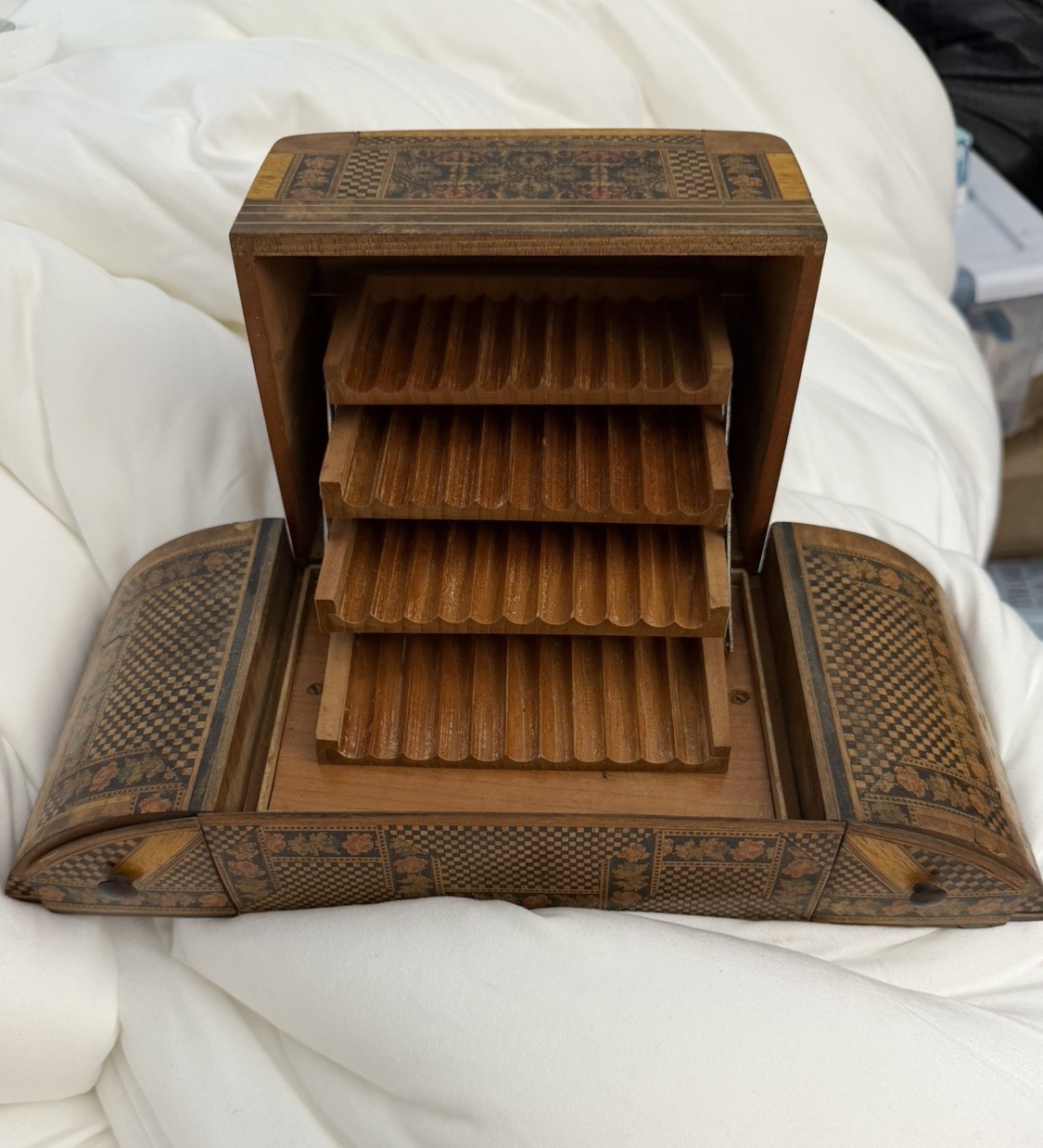 Antique 4 Tier Wooden Cigarette Box with Working Music Box